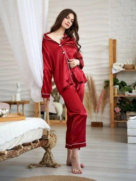 Піжама жіноча атласна комплект із брюками в класичному стилі Classic 2XL Червона 92899181 фото