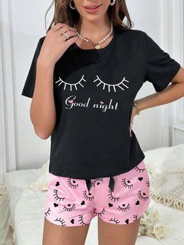 Комплект домашний женский для сна GoodNight футболка шорты в наборе с рисунком и надписью черный с розовым L 103804246 фото